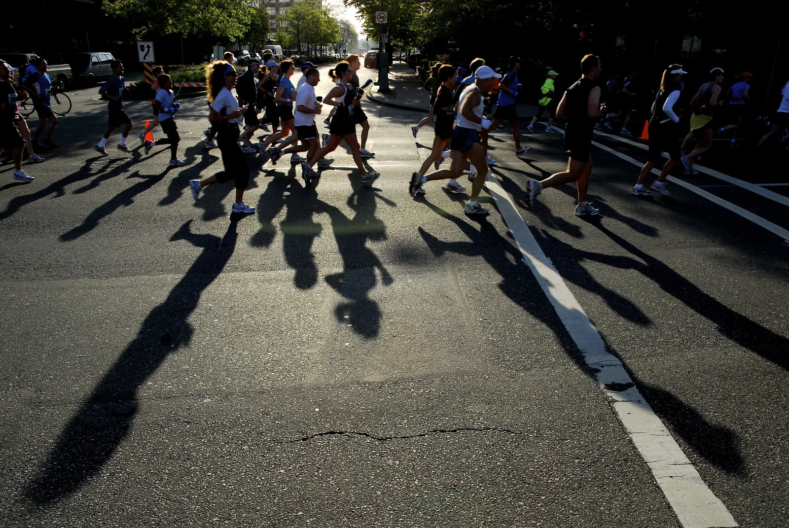 Marathon runners on a city street seen against low sun, their bodies dark and their long shadows stretching across the road toward the camera