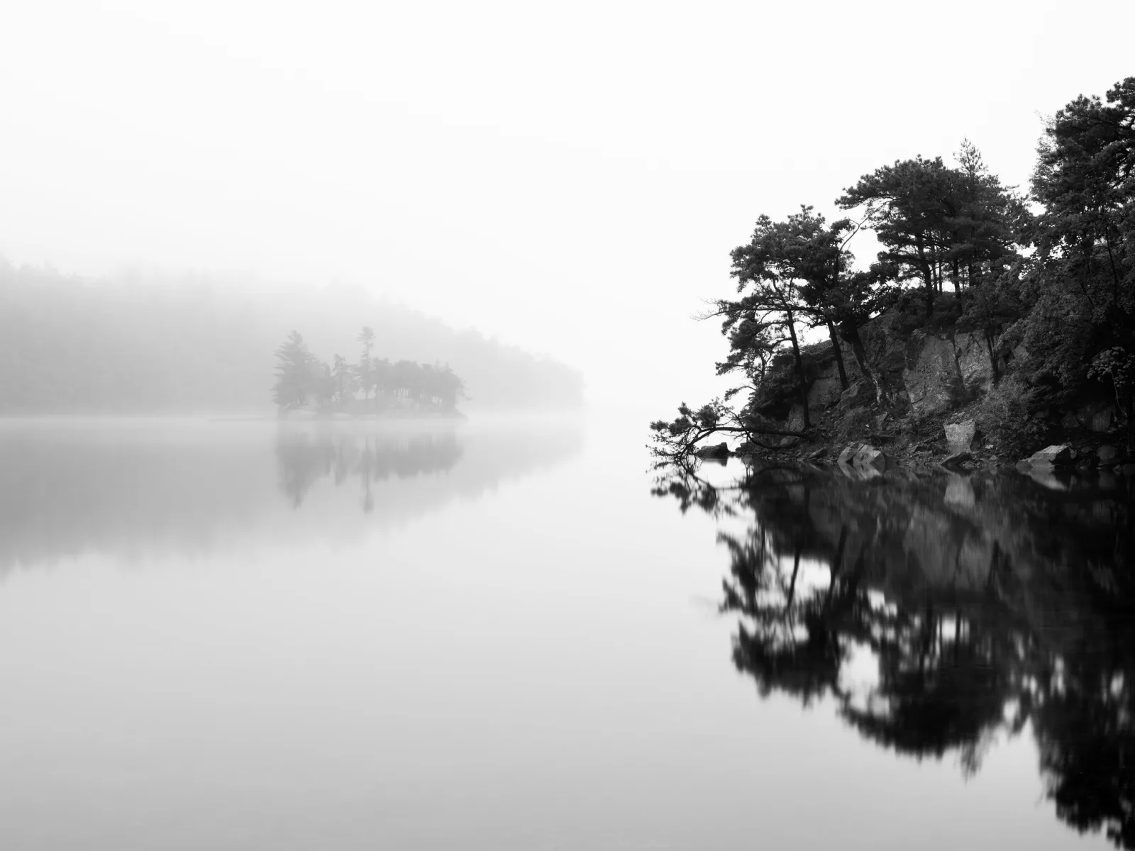 Black and white photo of a calm river in fog, with a faint island in the distance and dark trees and their reflection on the right
