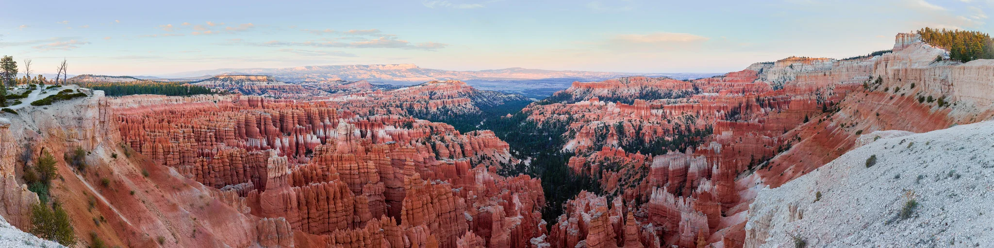 The hoodoo spires of Bryce Canyon National Park photographed from the rim at dusk under a fading blue sky