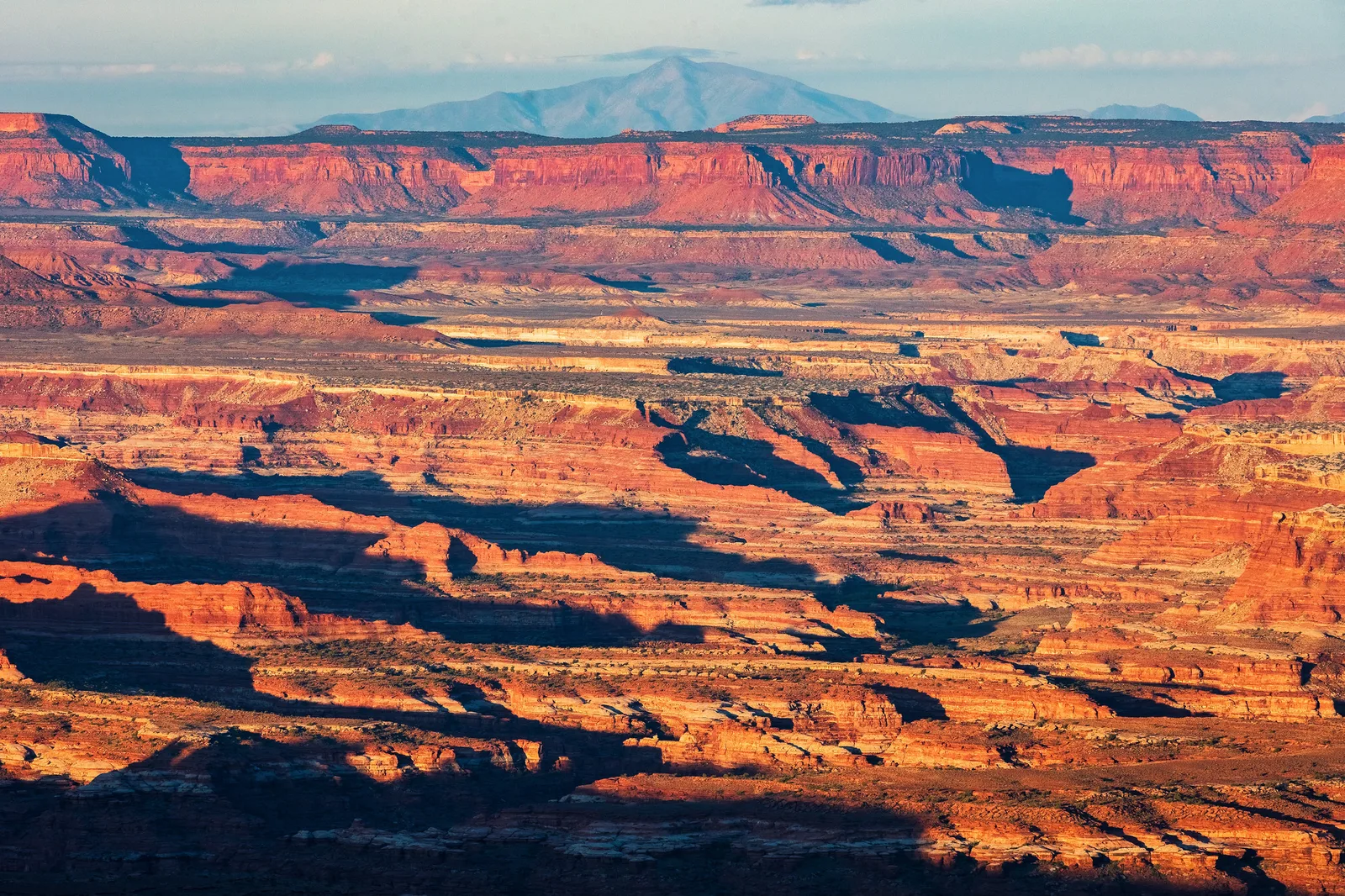 Layer upon layer of red canyon mesas and cliffs lit by low sun, with dark shadowed gaps between them and a pale blue mountain on the horizon
