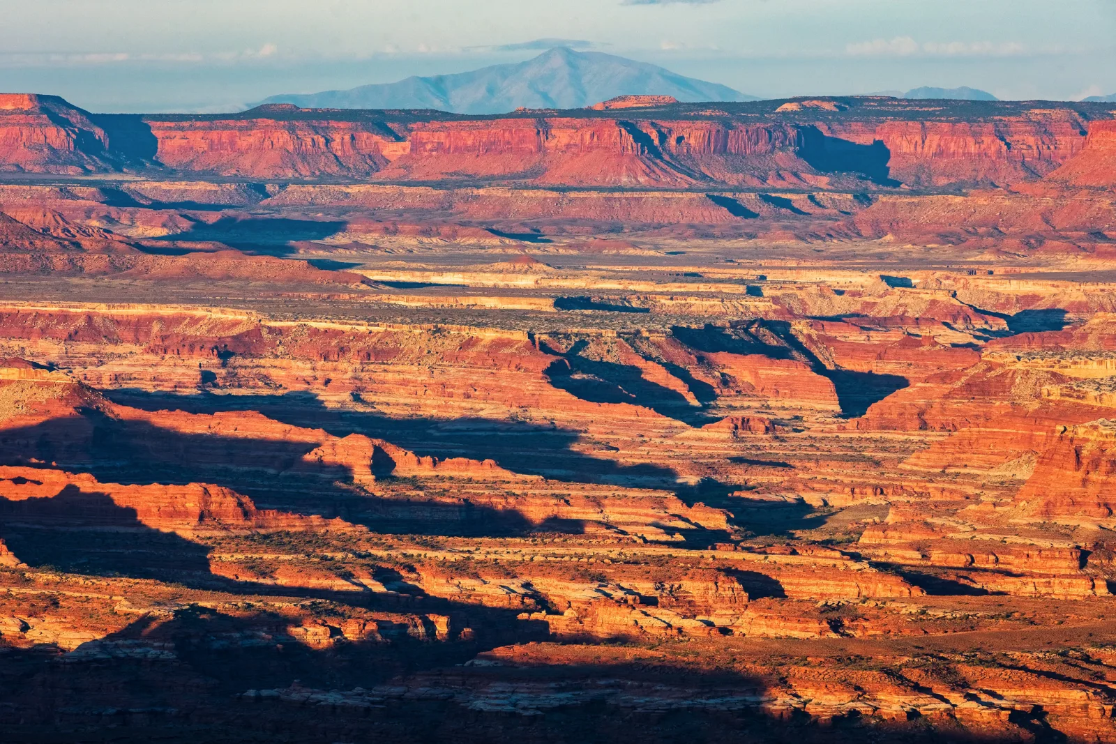 Stacked red canyon terraces and mesas in low sunlight, with long shadows and a distant blue mountain on the horizon