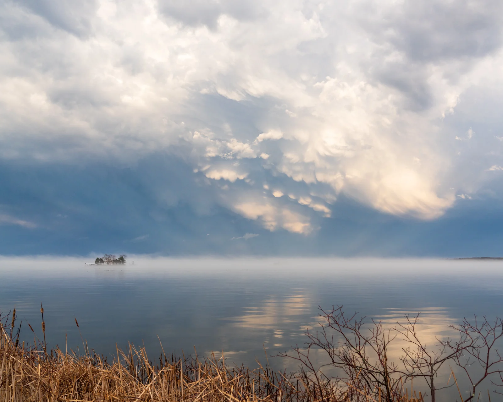 Dramatic storm clouds over calm water with mist along the horizon and dry reeds in the foreground