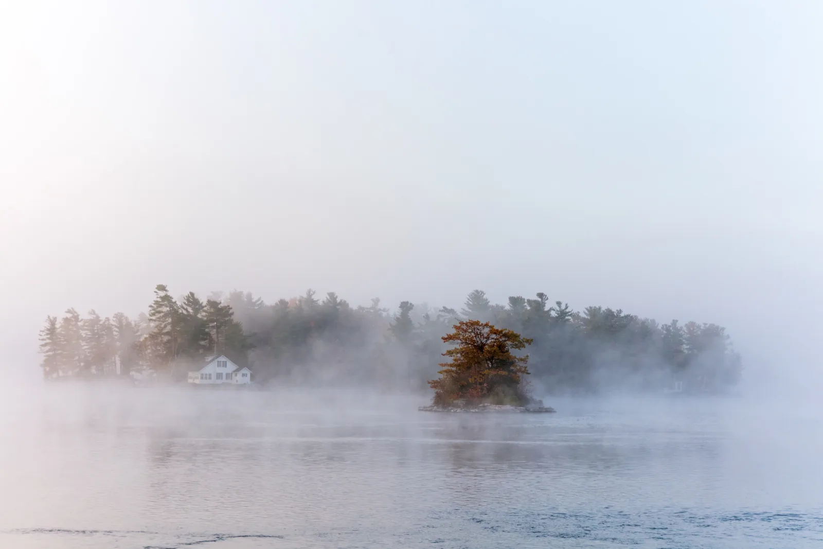 A small island with a white cottage and dark trees almost hidden in soft mist over calm water, with pale sky blending into the fog