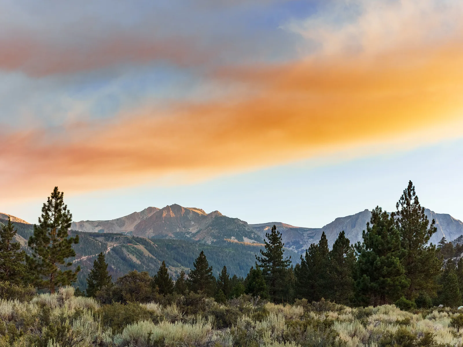 Glowing orange and grey clouds at sunset above distant mountain peaks, with dark pine trees and pale sagebrush in the foreground
