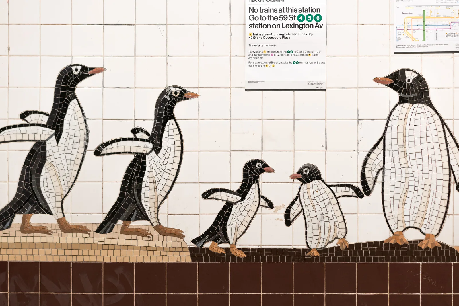 A subway station wall mosaic of five penguins made from small black, white and orange tile pieces set among large square white wall tiles