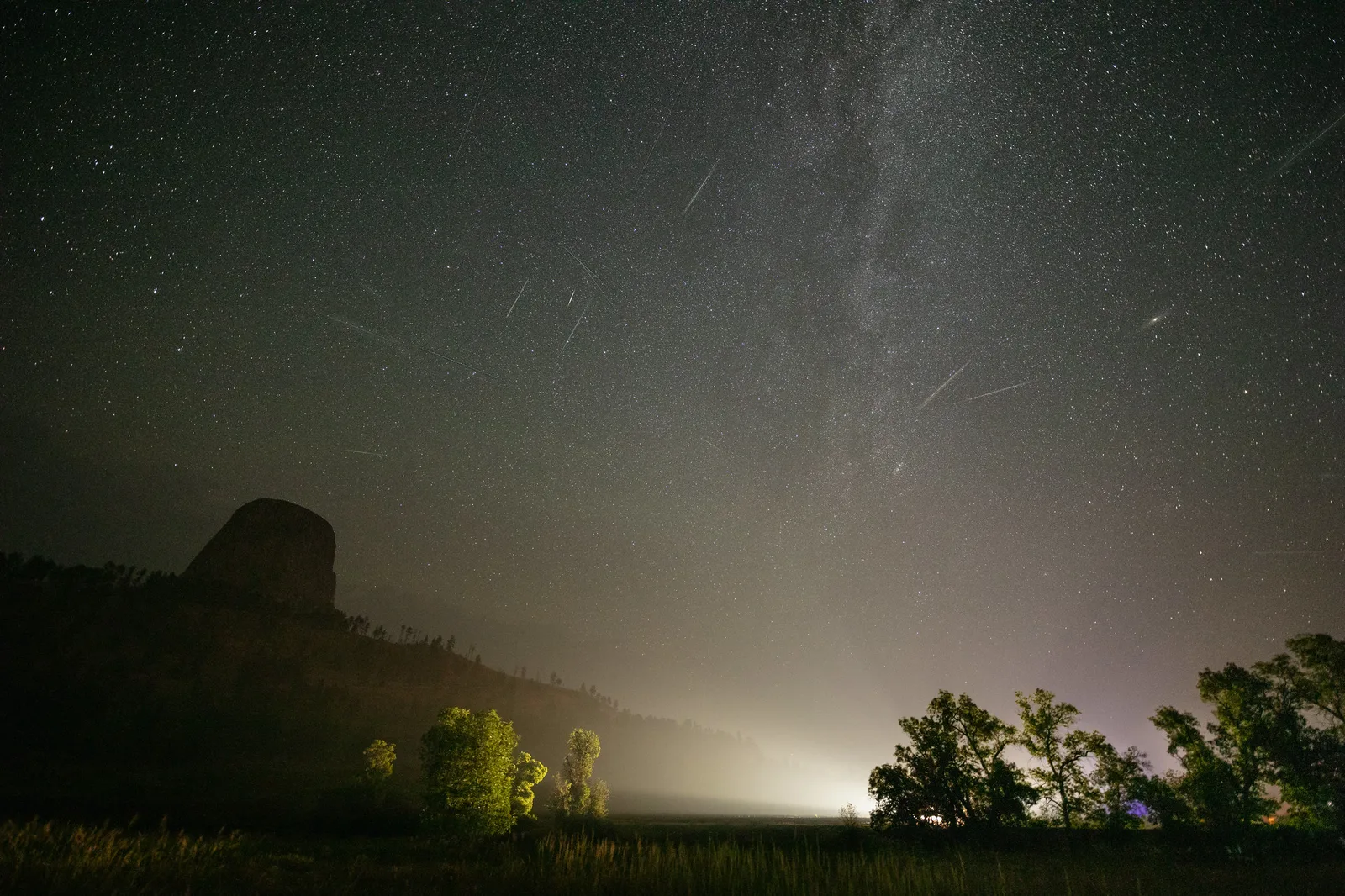 Several Perseid meteors streaking across a starry sky and the Milky Way above the dark outline of Devil's Tower