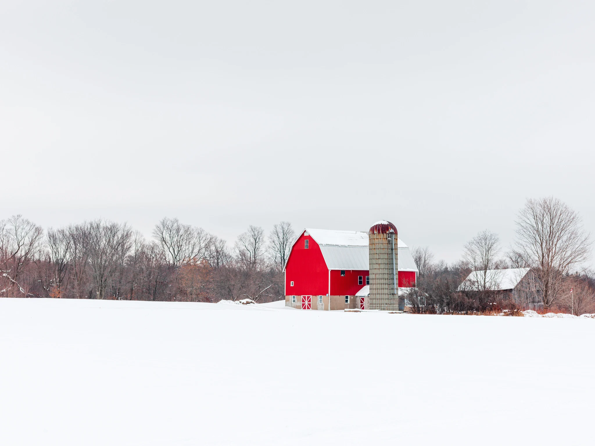 A red barn under a heavily overcast winter sky, lit by soft, shadowless light