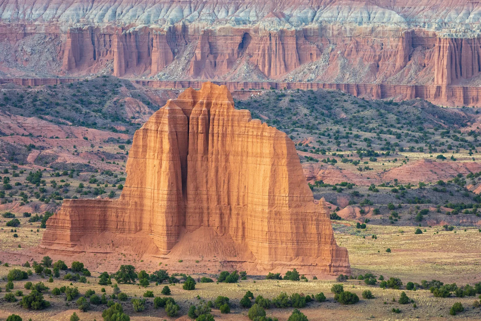 A tall, sunlit sandstone monolith standing alone on a scrubby valley floor, with layered red cliffs behind it