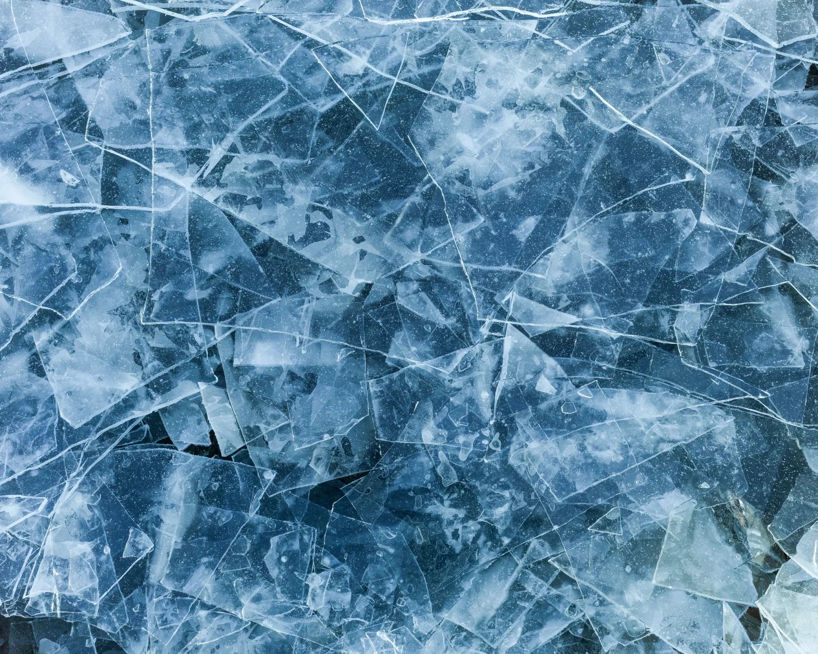 Close view of a sheet of blue ice broken into angular shards, with a network of fine white crack lines