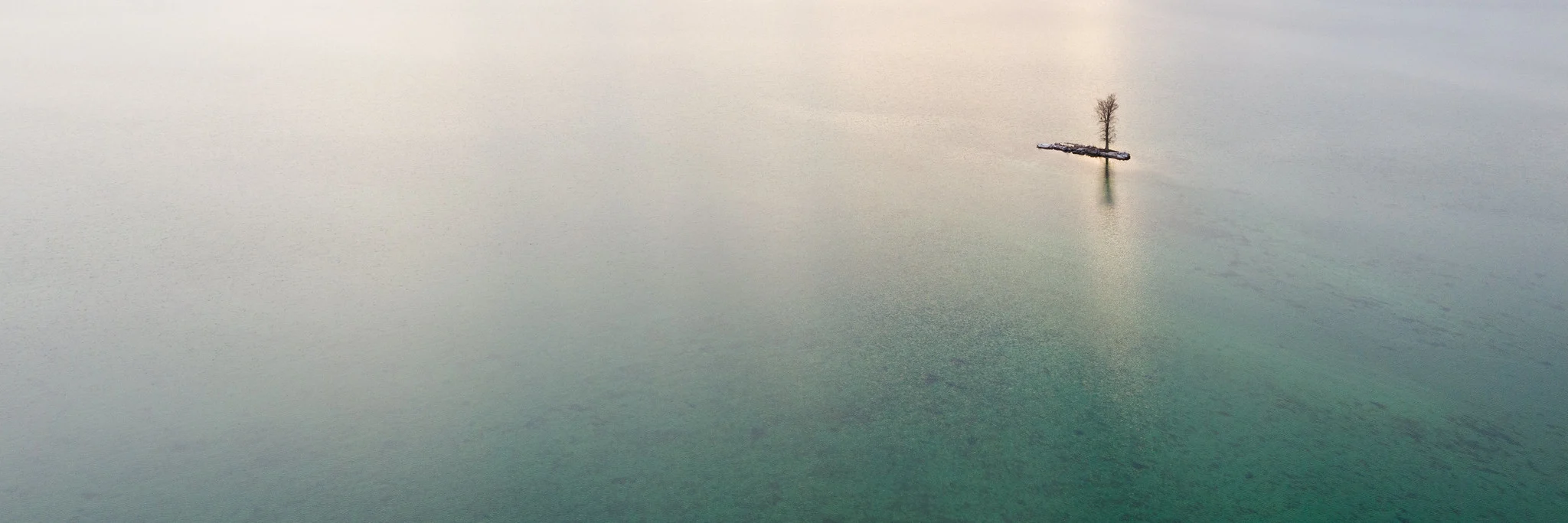 A single small tree on a tiny island surrounded by a vast expanse of calm water, aerial view