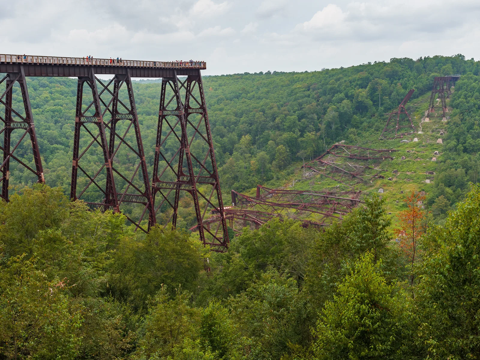 The rusted steel towers of a collapsed railway bridge above a green forested valley