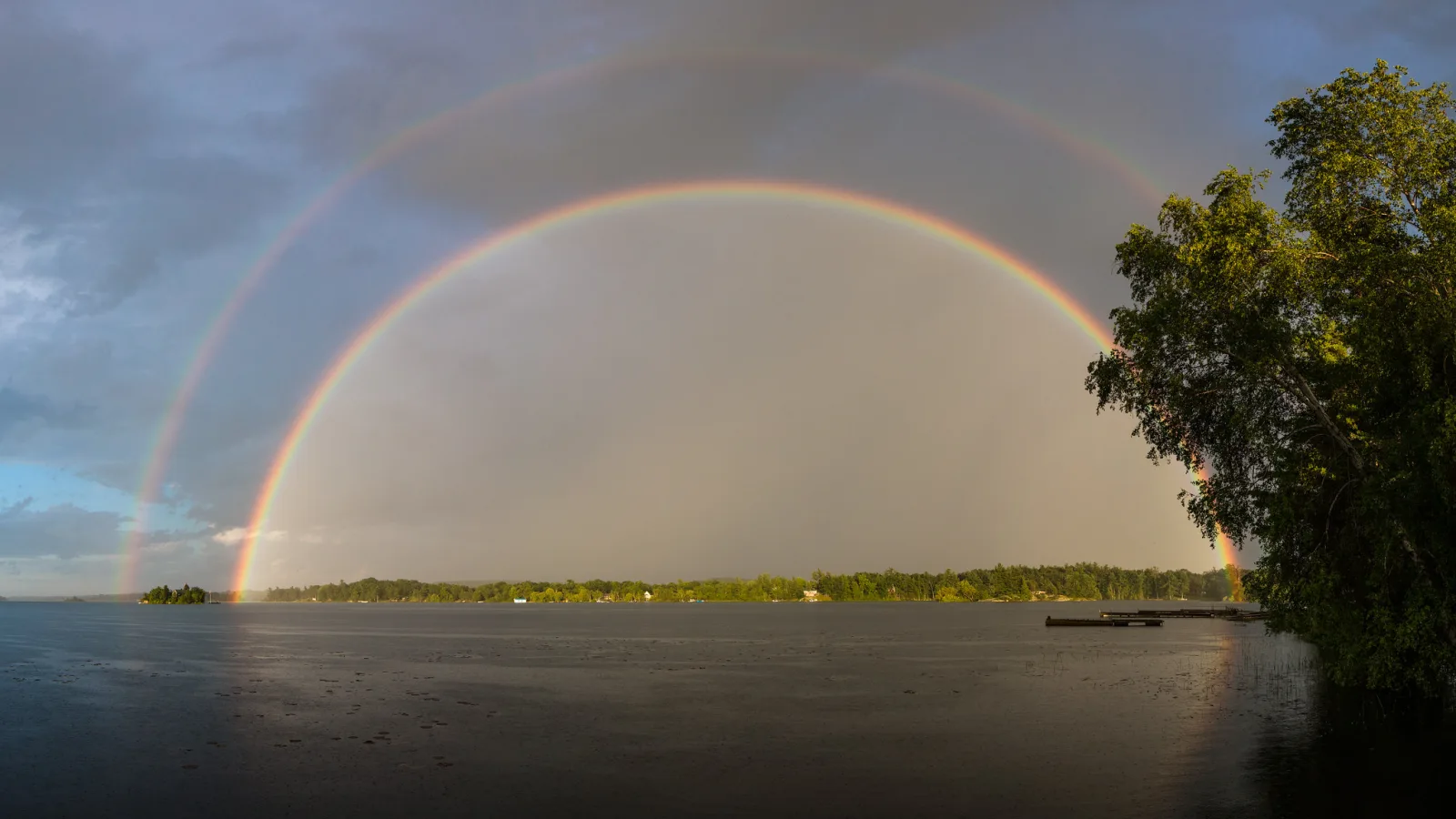 A bright rainbow with a fainter second bow outside it spans a grey sky above a calm river and a tree.