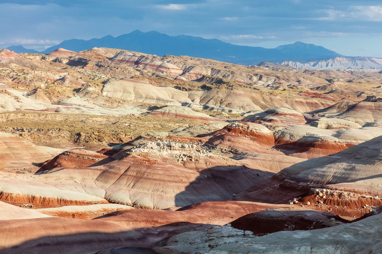 Layered red, cream and grey badlands stretching toward distant blue mountains under a light sky