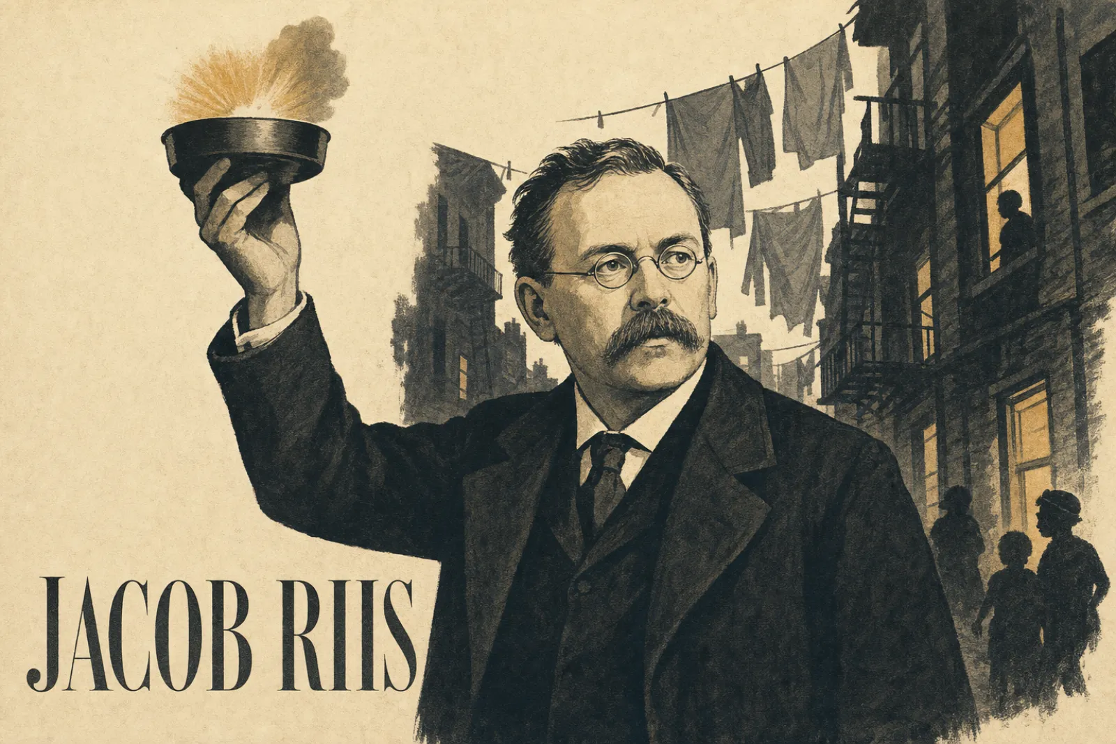 Illustrated poster of Jacob Riis