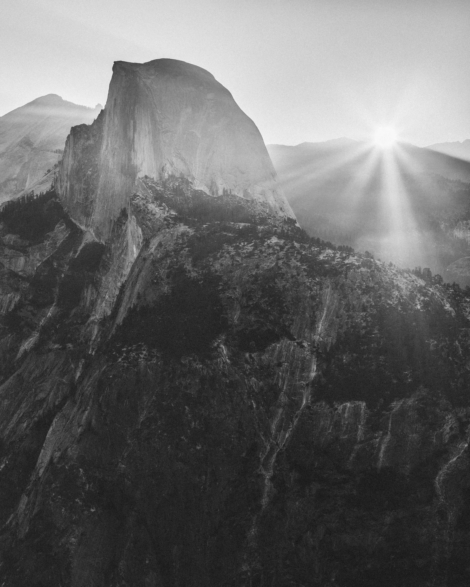 Black and white view of a granite dome rising above a forested valley at sunrise