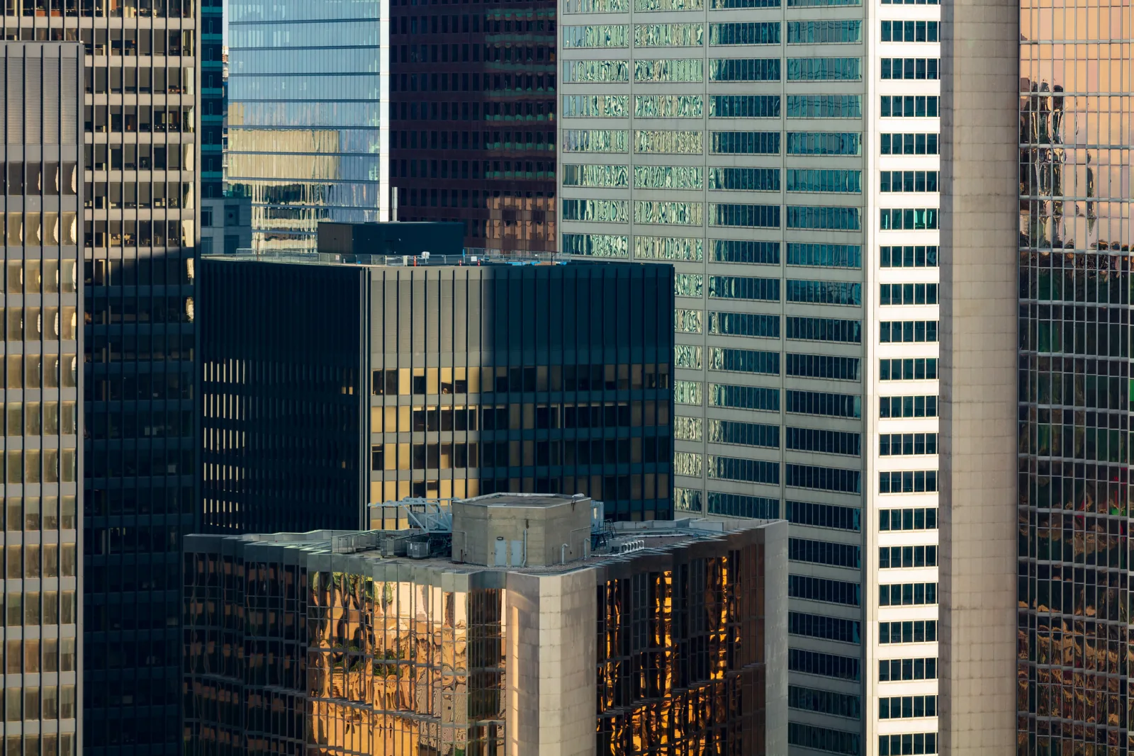 Downtown office towers fill the frame, each face a fine grid of evenly spaced windows, some lit warm by low sun.