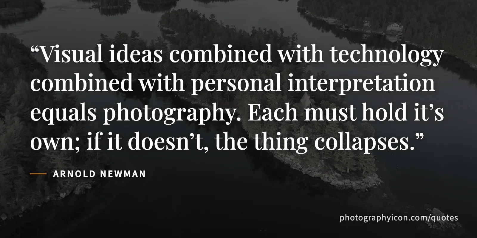 Visual ideas combined with technology combined with personal interpretation equals photography. Each must hold it’s own; if it doesn’t, the thing collapses. - Arnold Newman