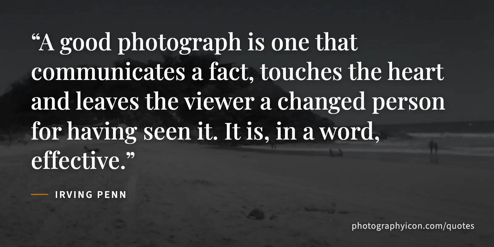 A good photograph is one that communicates a fact, touches the heart and leaves the viewer a changed person for having seen it. It is, in a word, effective. - Irving Penn