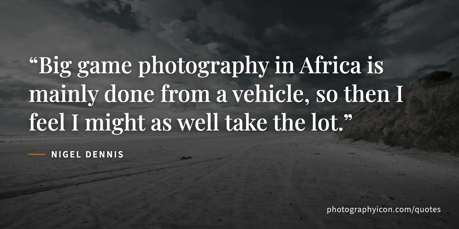 Big game photography in Africa is mainly done from a vehicle, so then I feel I might as well take the lot. - Nigel Dennis