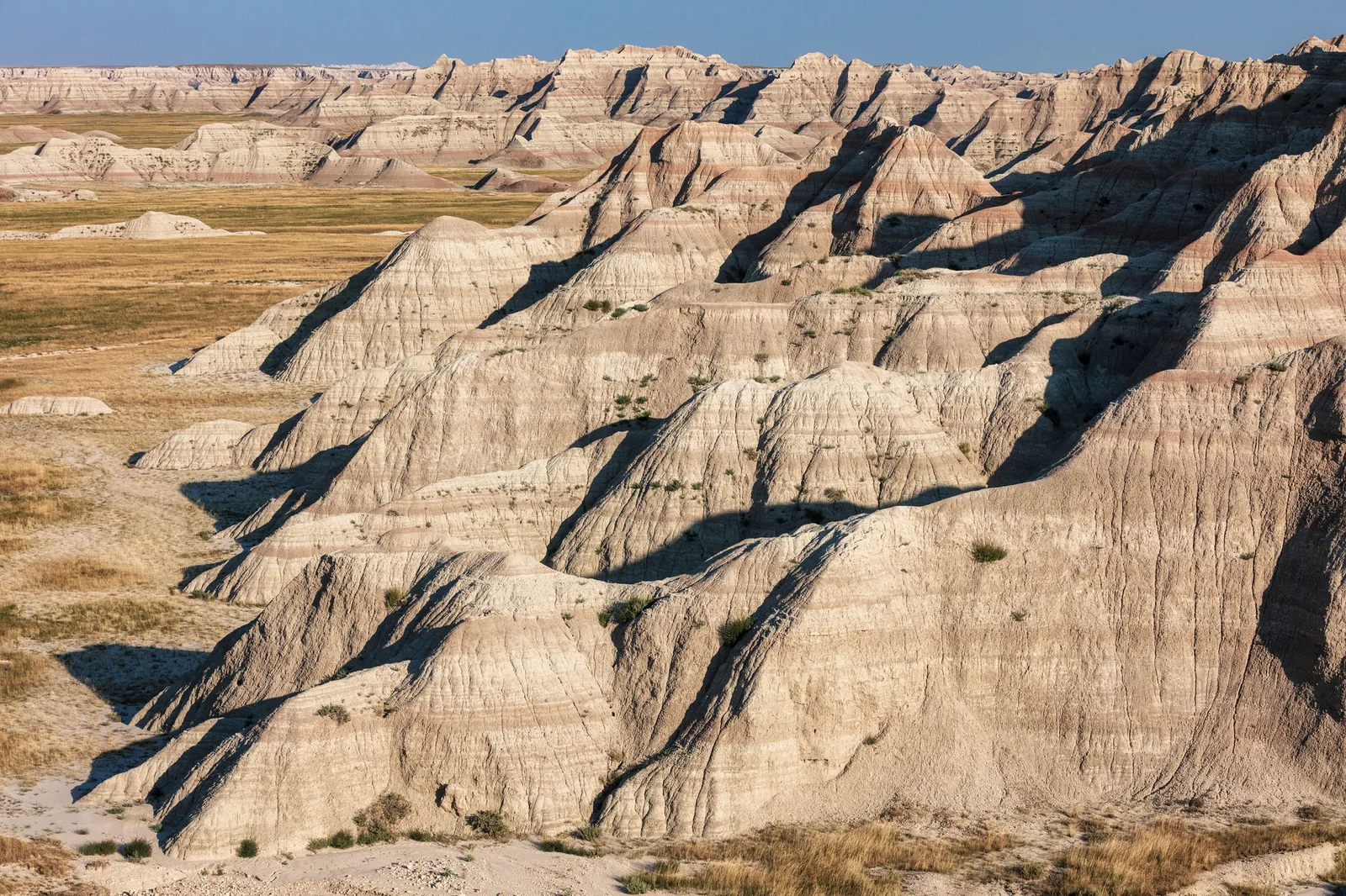 Pale badlands formations with sharp shadowed ridges beside dry grassland under a blue sky